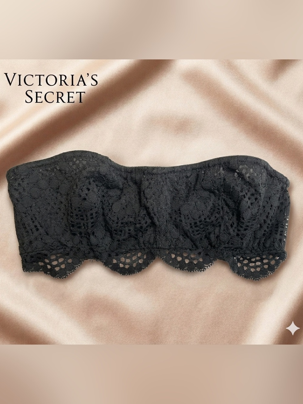 Victoria's Secret Strapless Bra Black Eyelet Lace Trim Underwire Bandeau Size XS